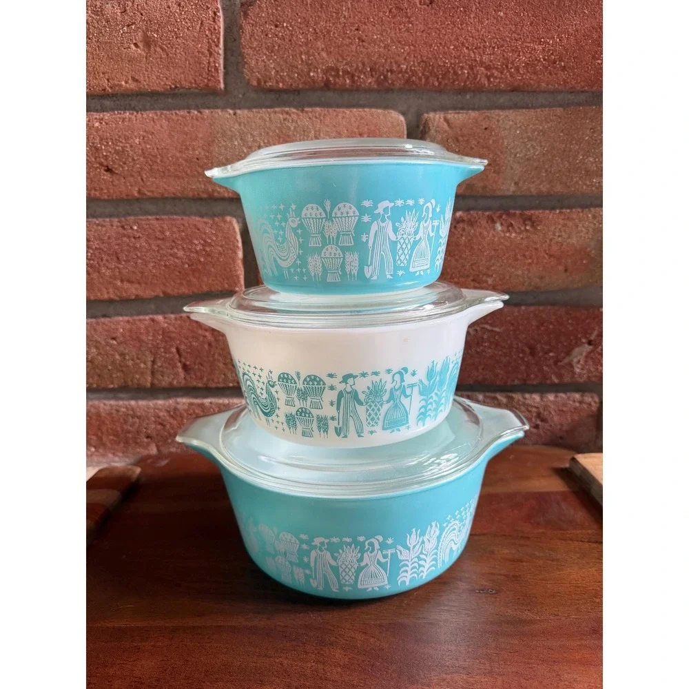 Vintage Pyrex Amish Butterprint Casserole Dishes Set, Turquoise Milk Glass